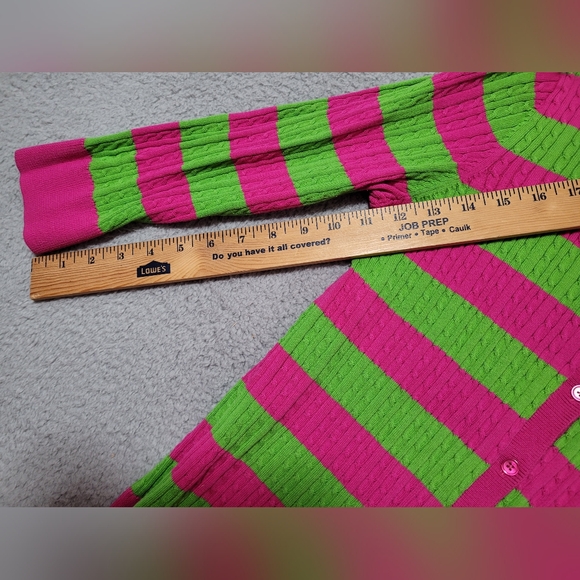 Talbots Petites Pink and Green Button up Long Sleeve Cotton Striped Sweater LP - Picture 7 of 7